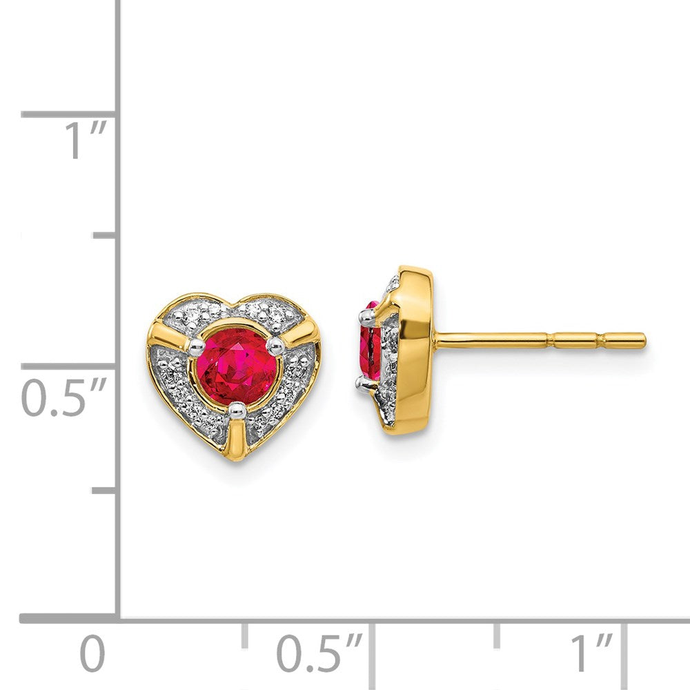 Solid 14k Yellow Gold Simulated CZ and Ruby Fancy Heart Earrings