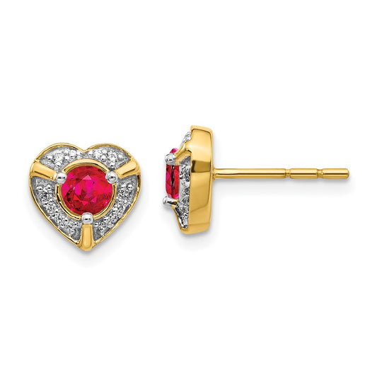 Solid 14k Yellow Gold Simulated CZ and Ruby Fancy Heart Earrings