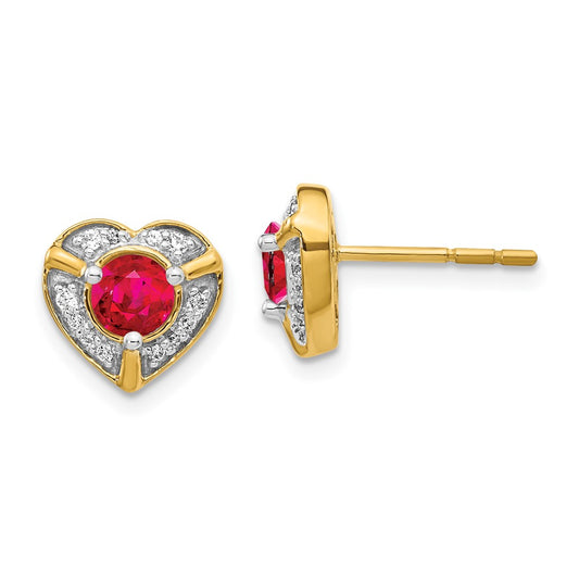 Solid 14k Yellow Gold Simulated CZ and Ruby Fancy Heart Earrings