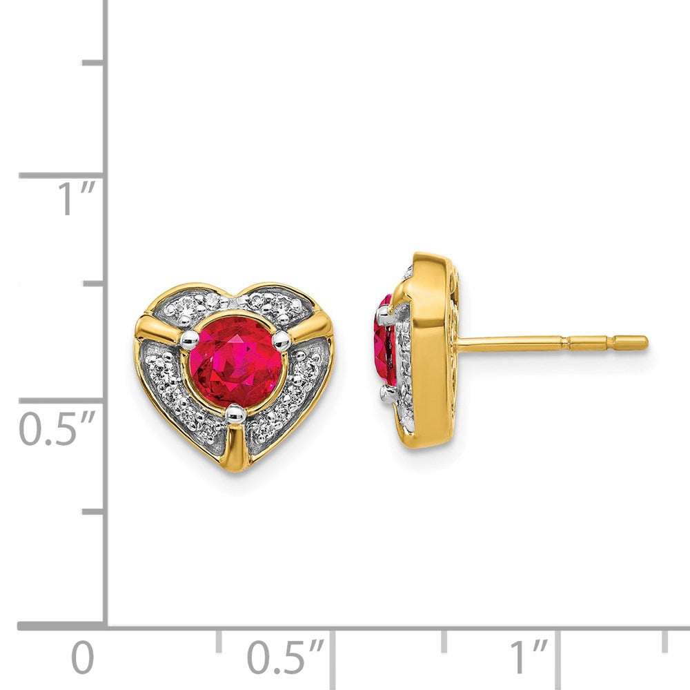 Solid 14k Yellow Gold Simulated CZ and Ruby Fancy Heart Earrings