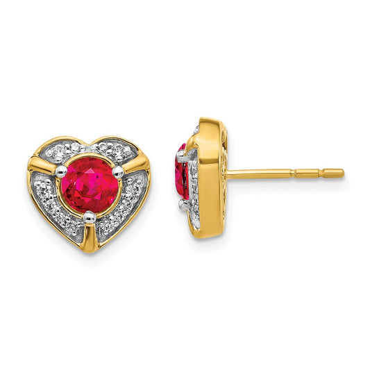 Solid 14k Yellow Gold Simulated CZ and Ruby Fancy Heart Earrings