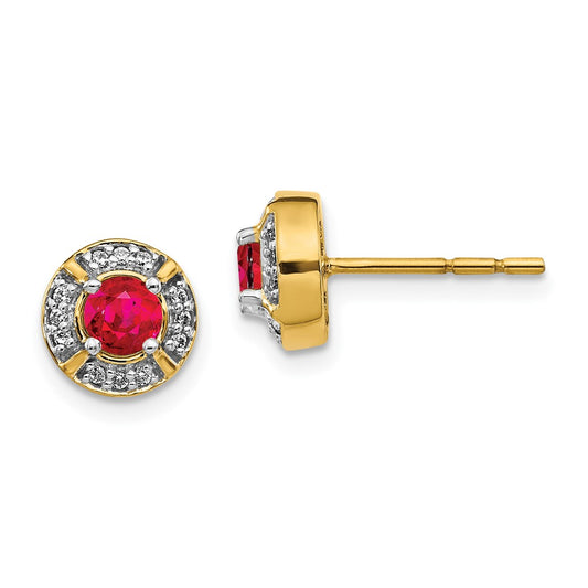 Solid 14k Yellow Gold Simulated CZ and Ruby Fancy Halo Earrings