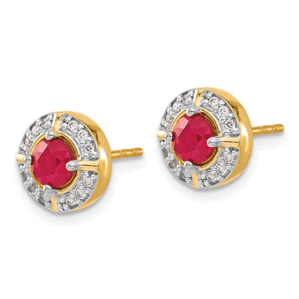 Solid 14k Yellow Gold Simulated CZ and Ruby Fancy Halo Earrings