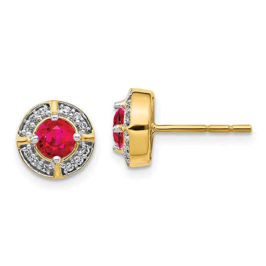 14k Yellow Gold Real Diamond and Ruby Fancy Halo Earrings