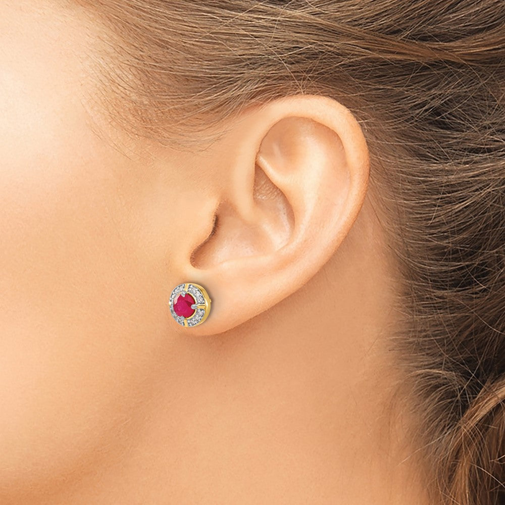 Solid 14k Yellow Gold Simulated CZ and Ruby Fancy Halo Earrings