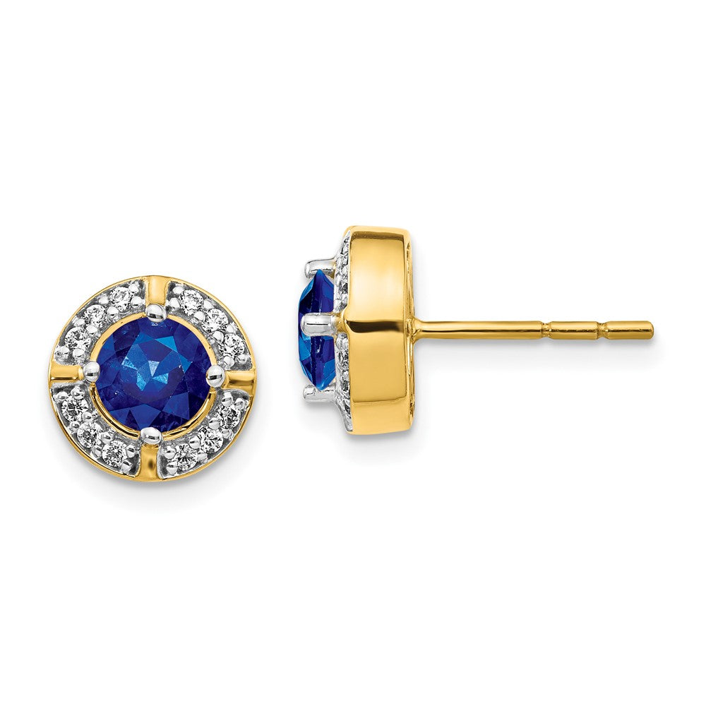 Solid 14k Yellow Gold Simulated CZ and Sapphire Fancy Halo Earrings