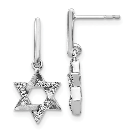 Solid 14k White Gold Simulated CZ Star of David Dangle Earrings