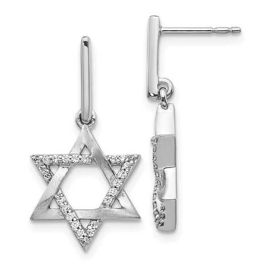 Solid 14k White Gold Simulated CZ Star of David Dangle Earrings