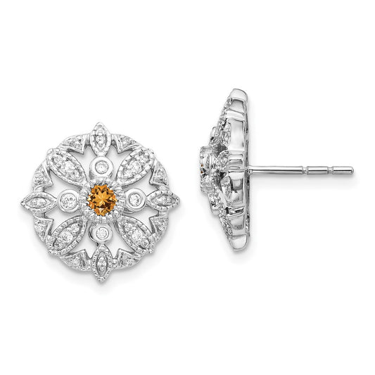 Solid 14k White Gold Simulated CZ and Citrine Fancy Earrings