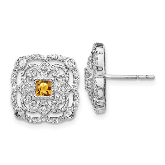 Solid 14k White Gold Simulated CZ and Citrine Fancy Earrings