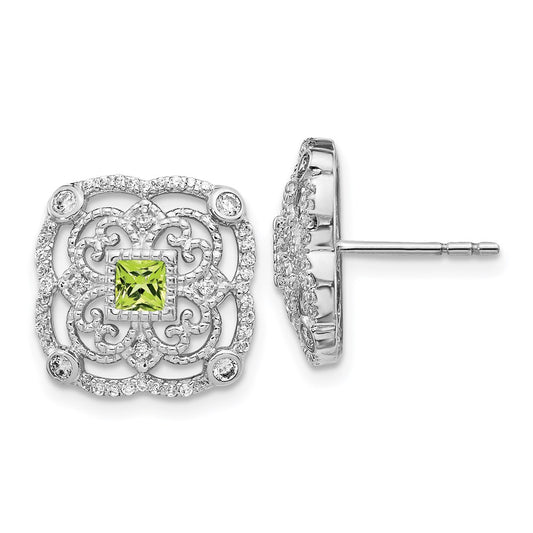 Solid 14k White Gold Simulated CZ & Peridot Fancy Earrings