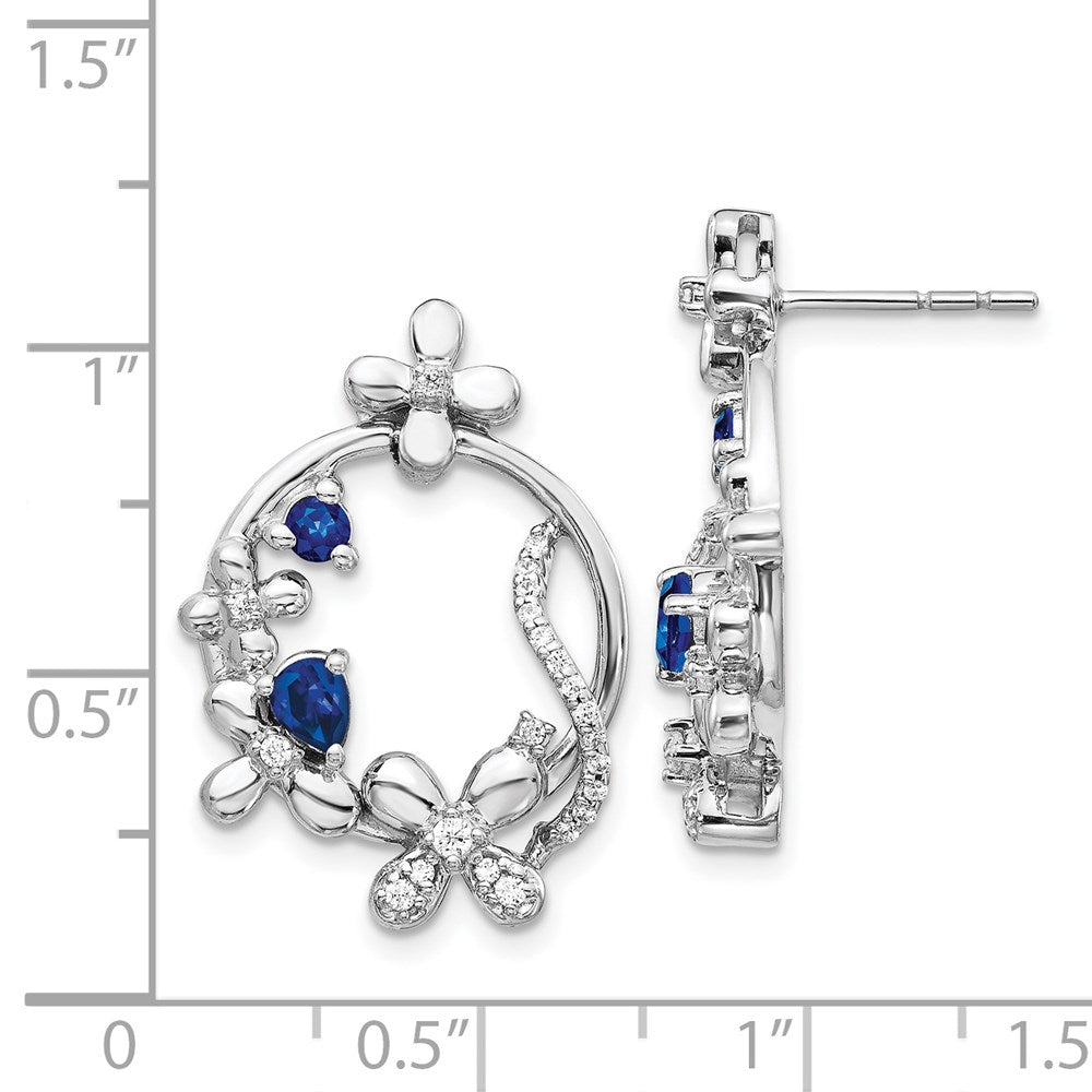 Solid 14k White Gold Simulated CZ & Sapphire Flower Earrings