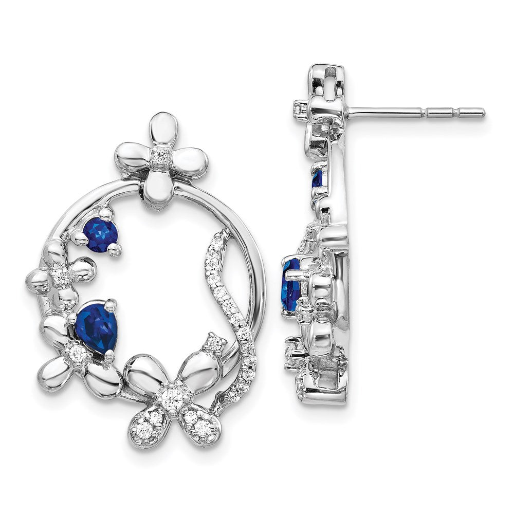 Solid 14k White Gold Simulated CZ & Sapphire Flower Earrings