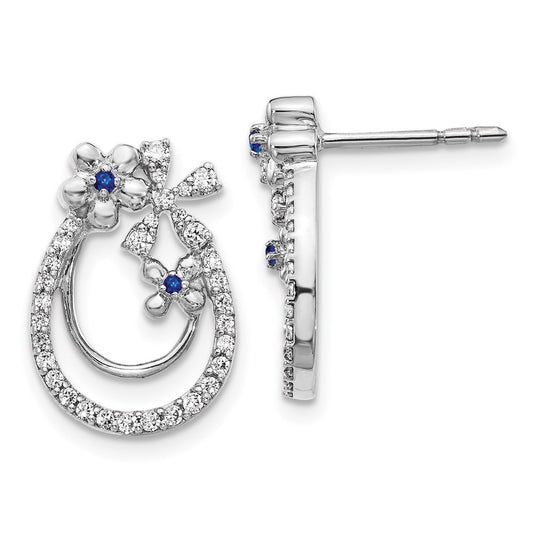 Solid 14k White Gold Simulated CZ & Sapphire Flower Earrings