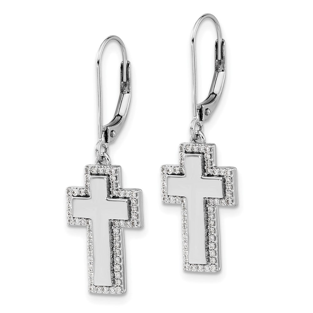 Solid 14k White Gold Simulated CZ Fancy Cross LeverbacK Earrings