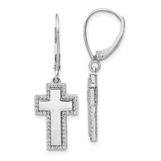 Solid 14k White Gold Simulated CZ Fancy Cross LeverbacK Earrings