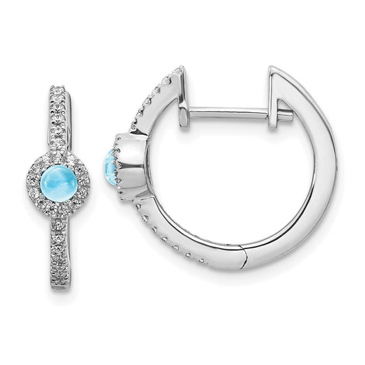 14k White Gold Real Diamond & Cabochon Blue Topaz Earrings