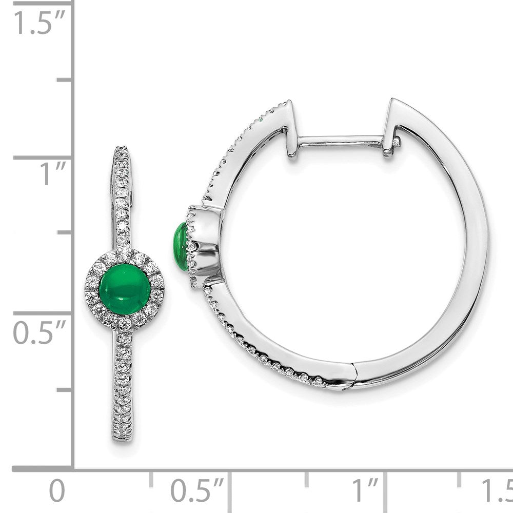 14k White Gold Real Diamond & Cabochon Emerald Hoop Earrings