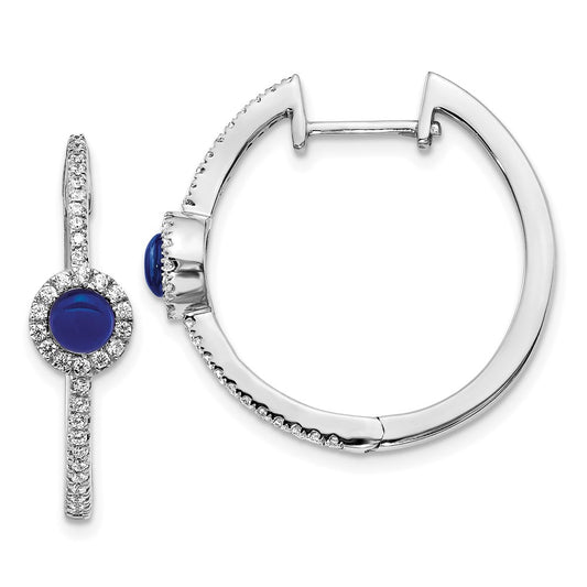 14k White Gold Real Diamond & Cabochon Sapphire Hoop Earrings