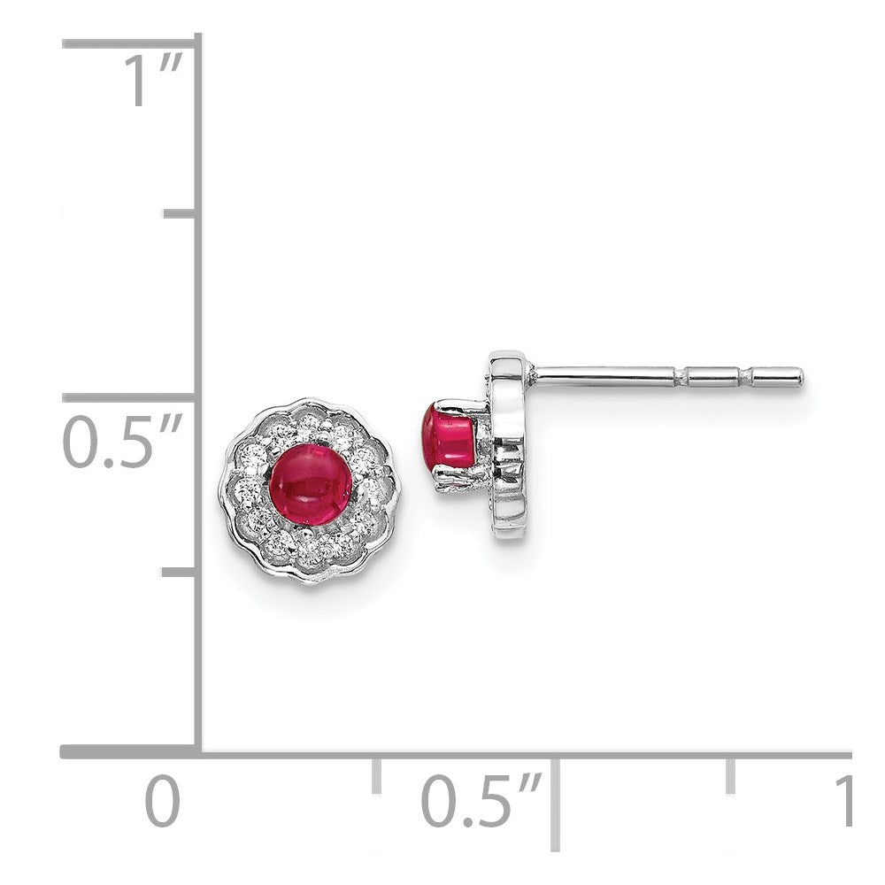 14k White Gold Real Diamond and Cabochon Ruby Earrings