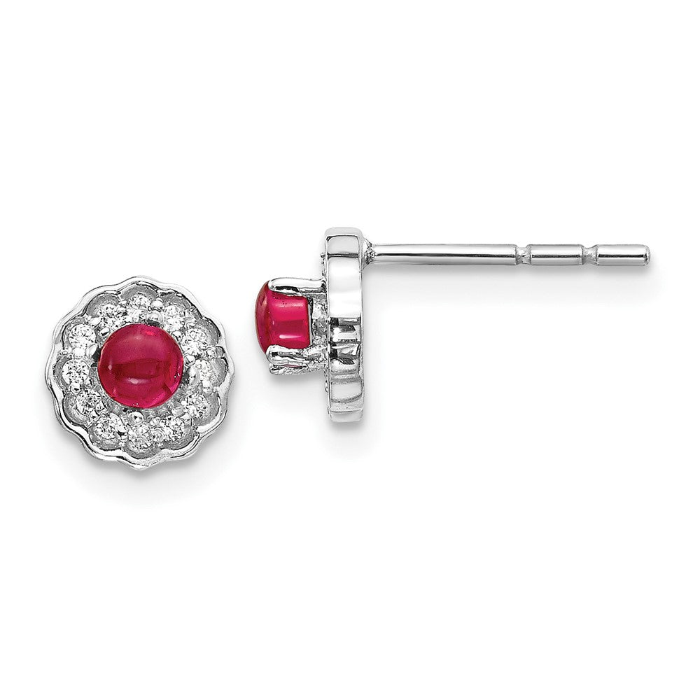 14k White Gold Real Diamond and Cabochon Ruby Earrings