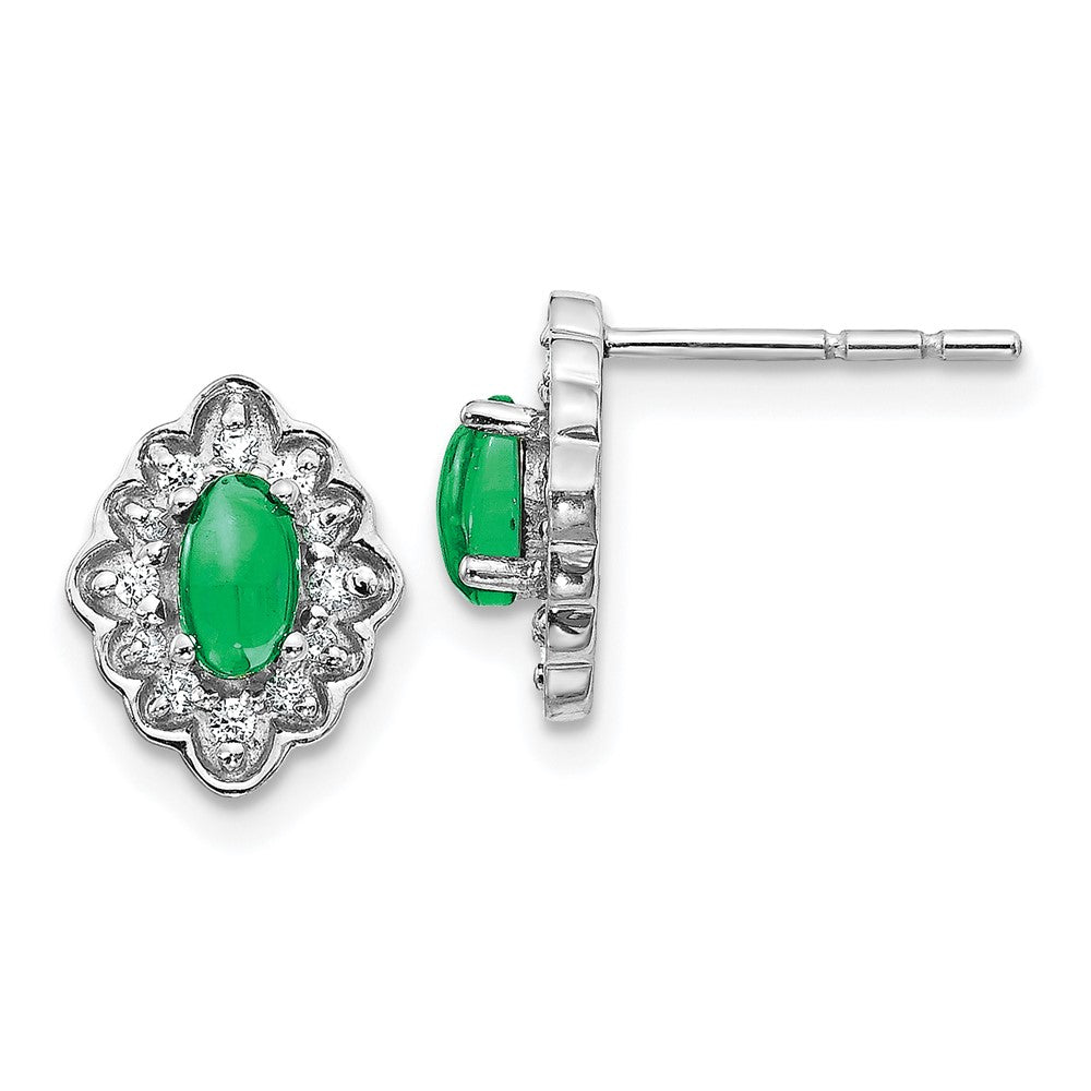 14k White Gold Real Diamond and Cabochon Emerald Earrings