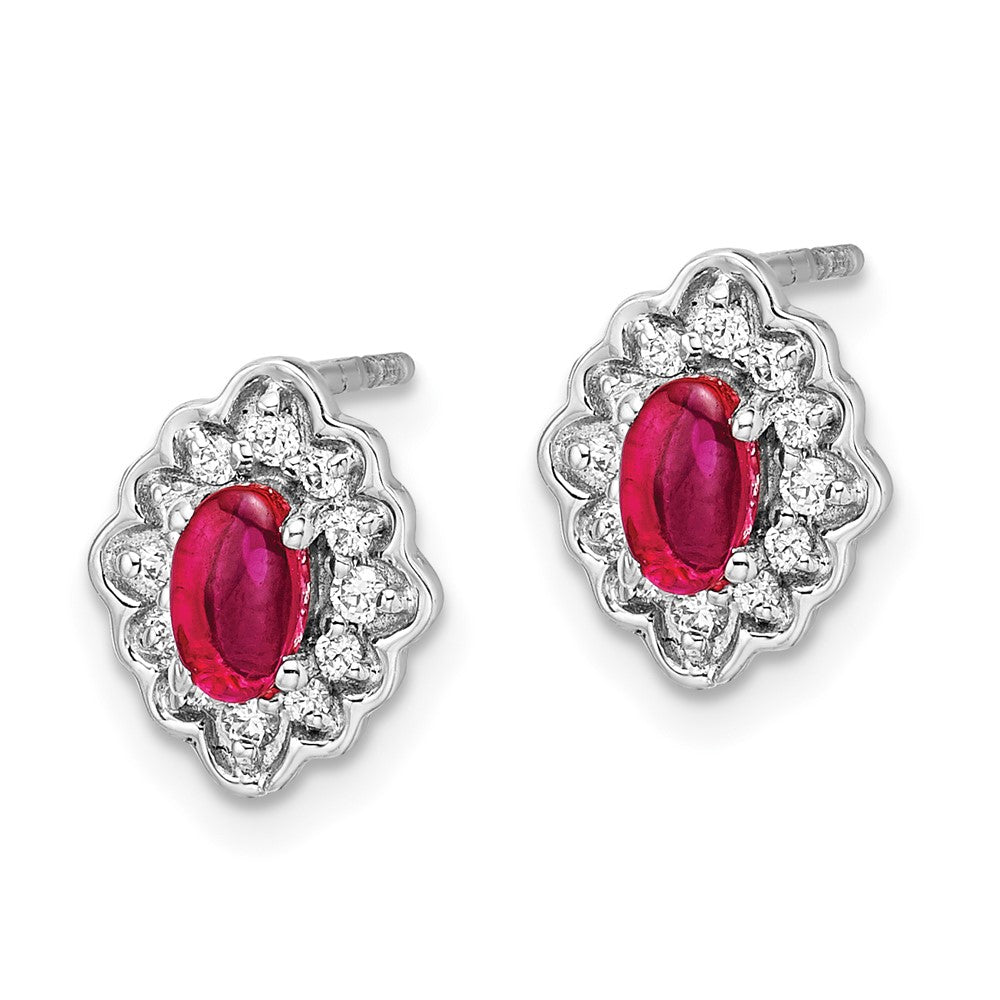 14k White Gold Real Diamond and Cabochon Ruby Earrings