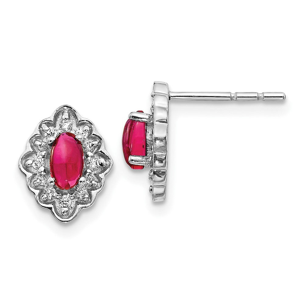 14k White Gold Real Diamond and Cabochon Ruby Earrings