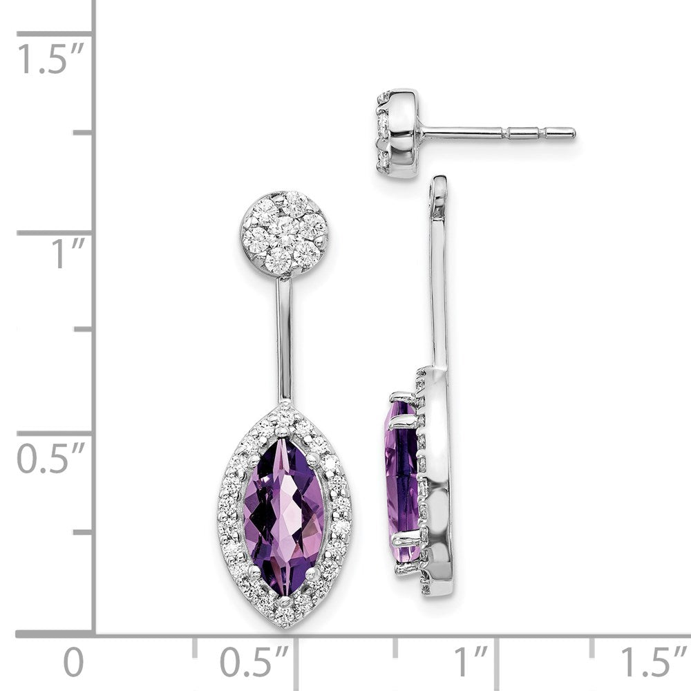 14k White Gold Real Diamond/Marquise Amethyst Front/Back Earrings