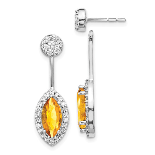 Solid 14k White Gold Simulated CZ Simulated/Marquise Citrine Front/BacK Earrings