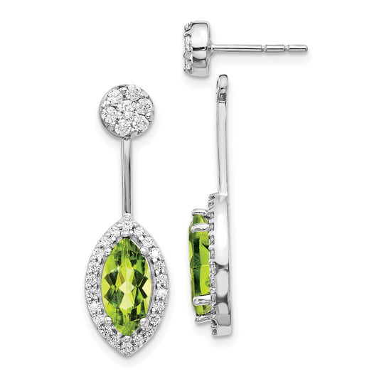 Solid 14k White Gold Simulated CZ Simulated/Marquise Peridot Front/BacK Earrings