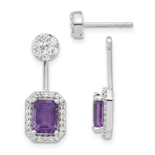 14k White Gold Real Diamond/Amethyst Front/Back Earrings