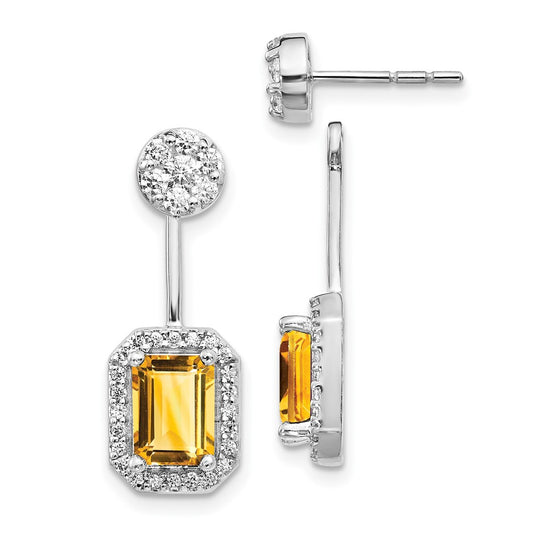 Solid 14k White Gold Simulated CZ Simulated/Simulated Citrine Front/BacK Earrings