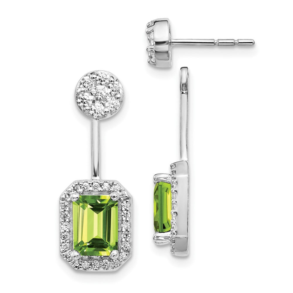 Solid 14k White Gold Simulated CZ Simulated/Simulated Peridot Front/BacK Earrings