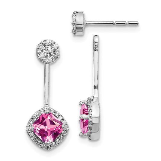 Solid 14k White Gold Simulated CZ & Created PinK Sapphire Earrings