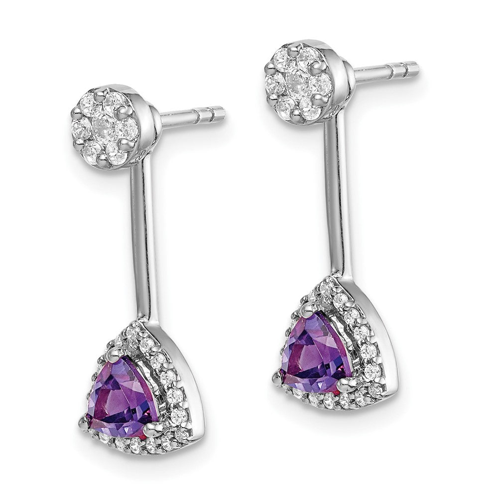 14k White Gold Real Diamond/Trillion Amethyst Front/Back Earrings