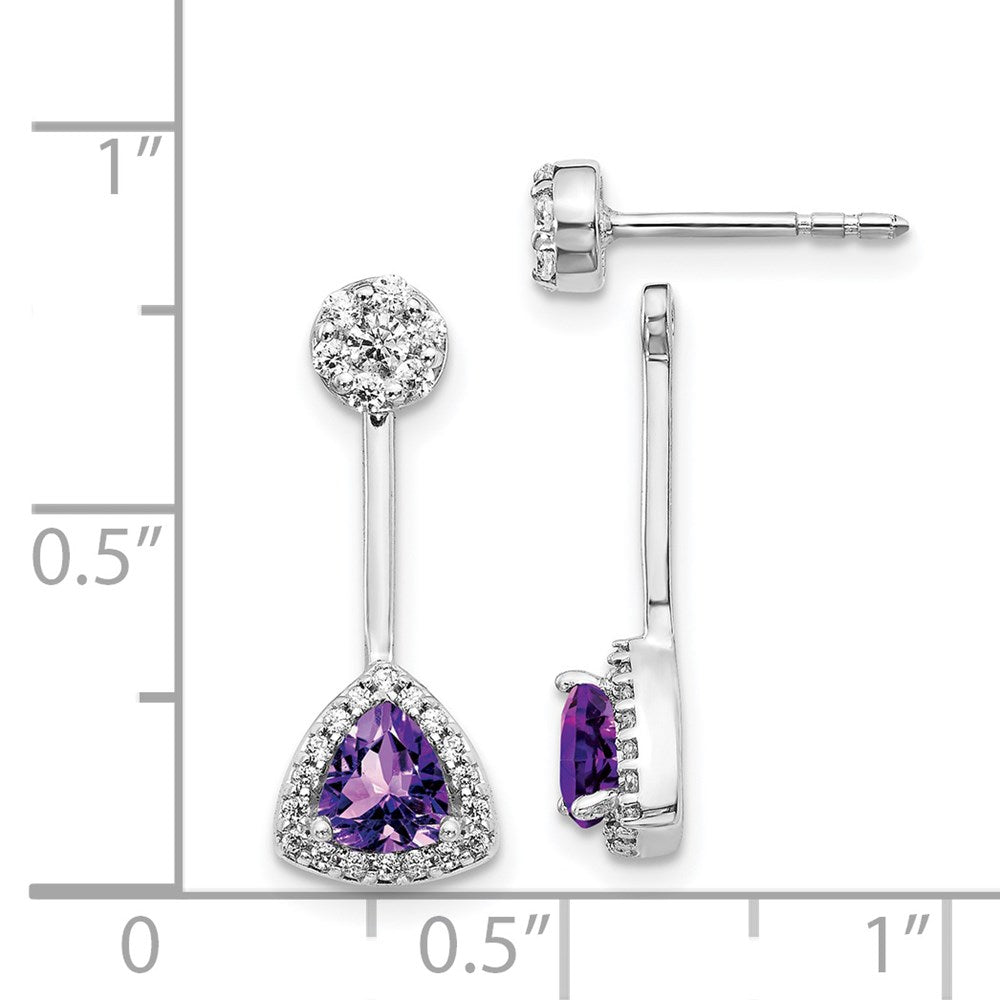 14k White Gold Real Diamond/Trillion Amethyst Front/Back Earrings