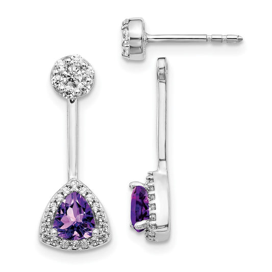 14k White Gold Real Diamond/Trillion Amethyst Front/Back Earrings