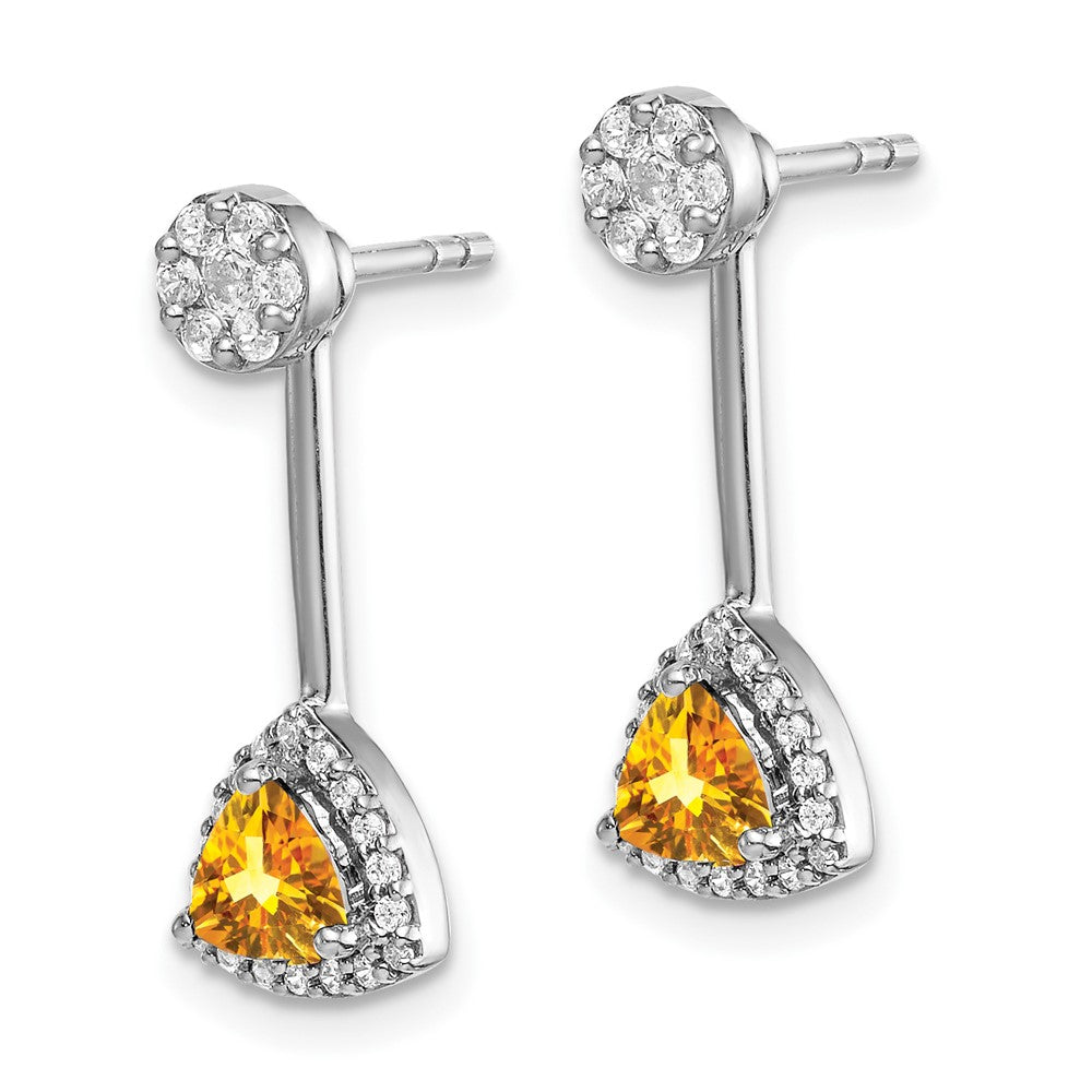 Solid 14k White Gold Simulated CZ Simulated/Trillion Citrine Front/BacK Earrings