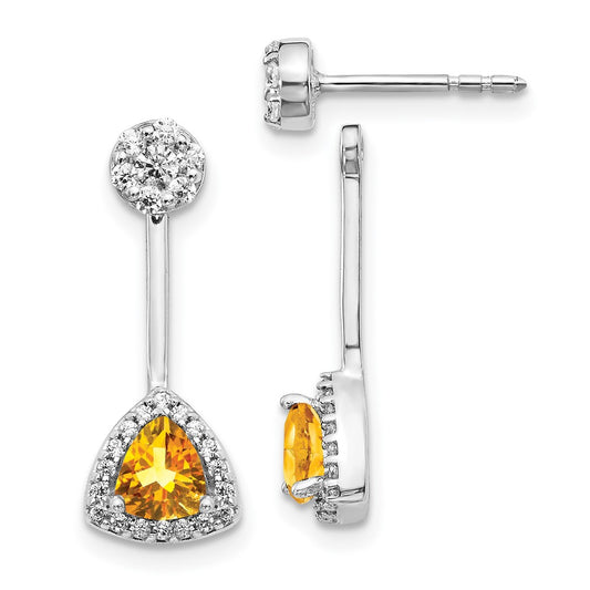 Solid 14k White Gold Simulated CZ Simulated/Trillion Citrine Front/BacK Earrings