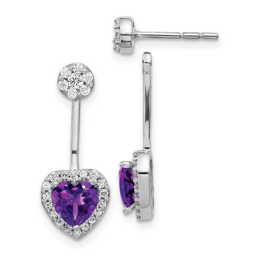 14k White Gold Real Diamond/Heart Amethyst Front/Back Earrings