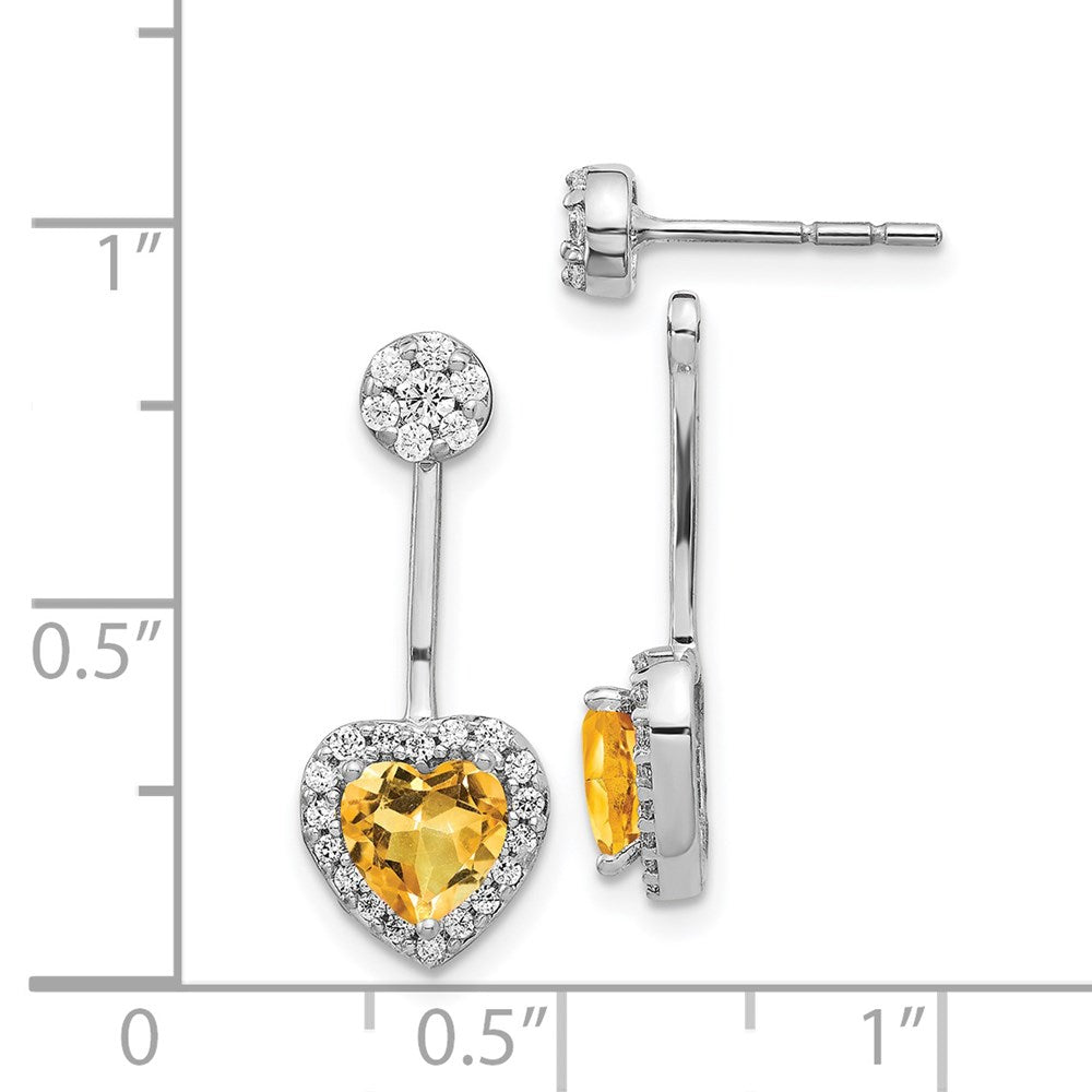 Solid 14k White Gold Simulated CZ Simulated/Heart Citrine Front/BacK Earrings