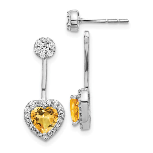 Solid 14k White Gold Simulated CZ Simulated/Heart Citrine Front/BacK Earrings