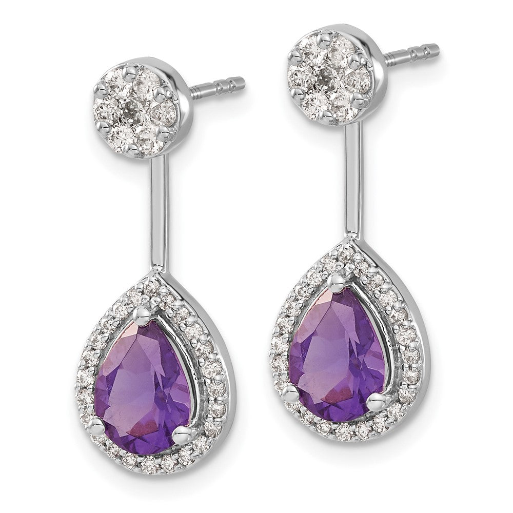 Solid 14k White Gold Simulated CZ Simulated/Pear Amethyst Front/BacK Earrings