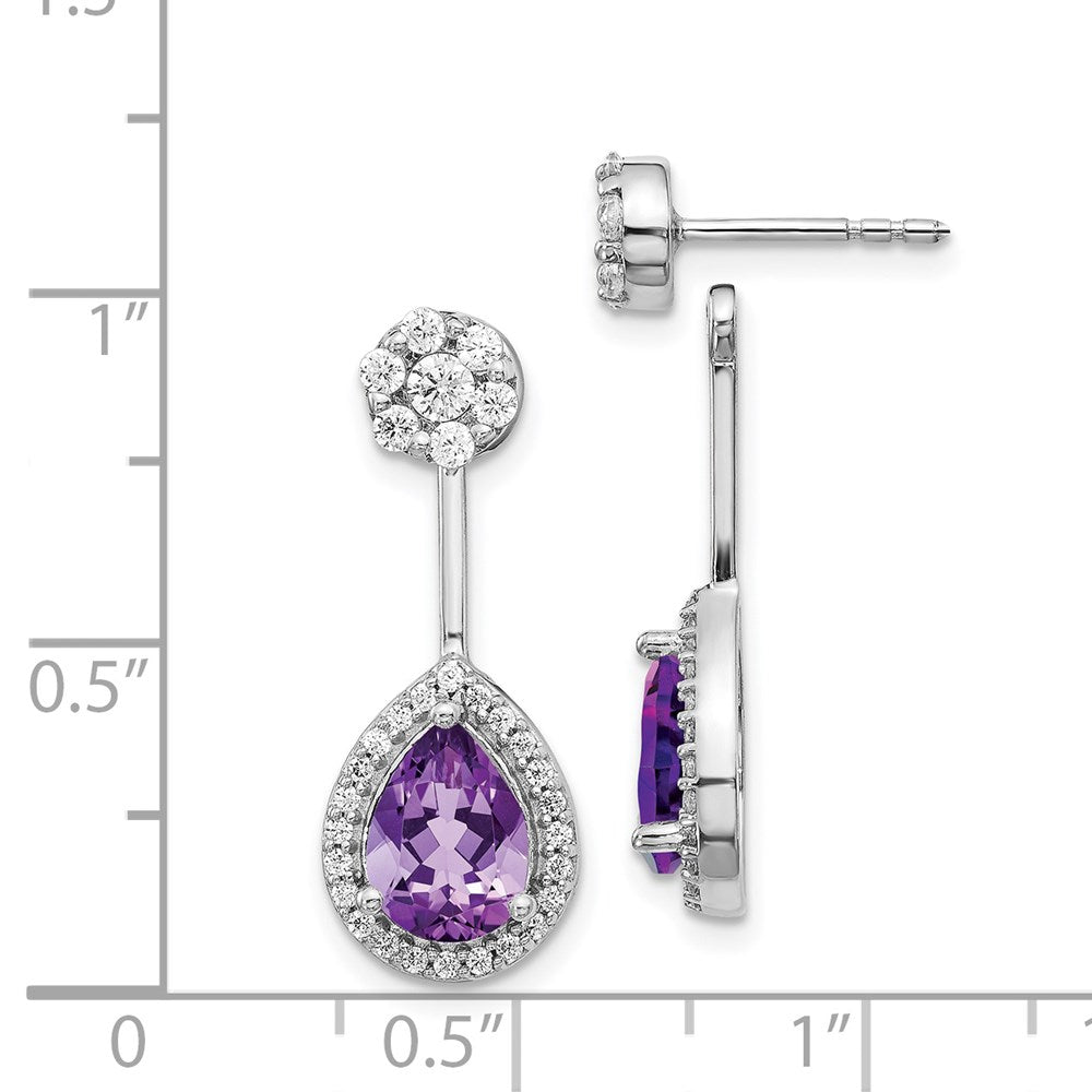 Solid 14k White Gold Simulated CZ Simulated/Pear Amethyst Front/BacK Earrings