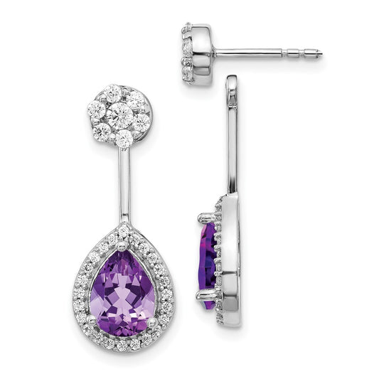 Solid 14k White Gold Simulated CZ Simulated/Pear Amethyst Front/BacK Earrings