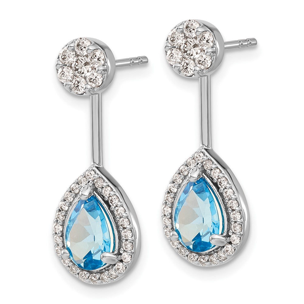 14k White Gold Real Diamond/Pear Blue Topaz Front/Back Earrings