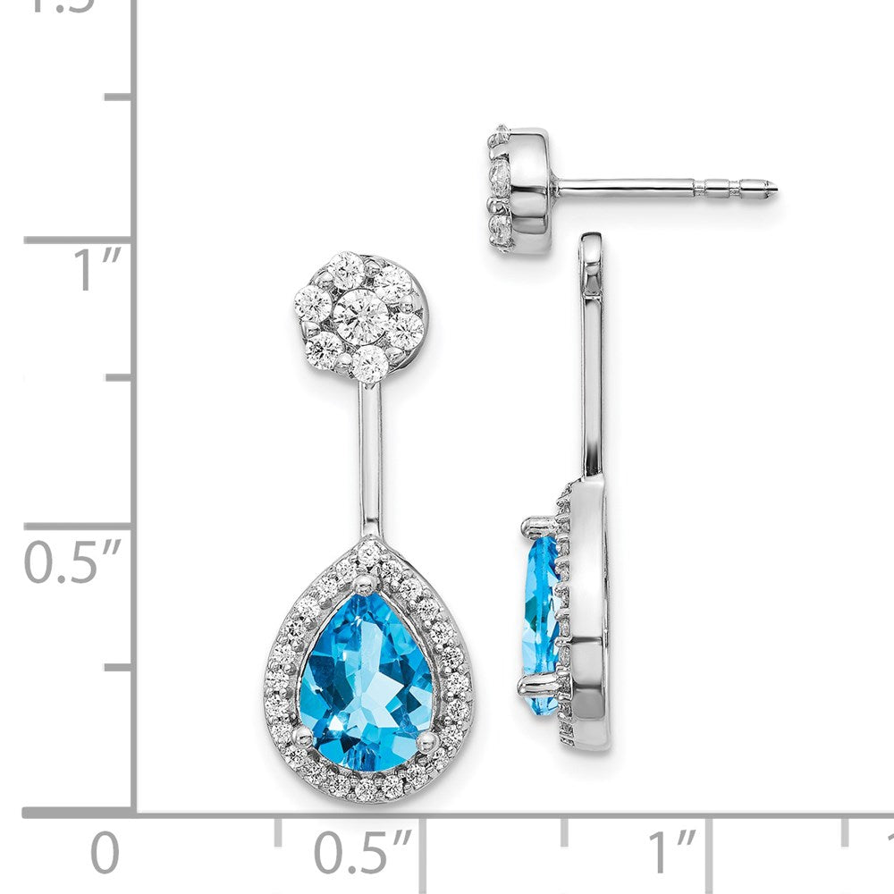 Solid 14k White Gold Simulated CZ Simulated/Pear Blue Topaz Front/BacK Earrings