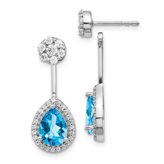 14k White Gold Real Diamond/Pear Blue Topaz Front/Back Earrings