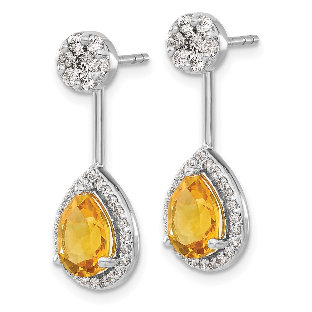 14k White Gold Real Diamond/Pear Citrine Front/Back Earrings